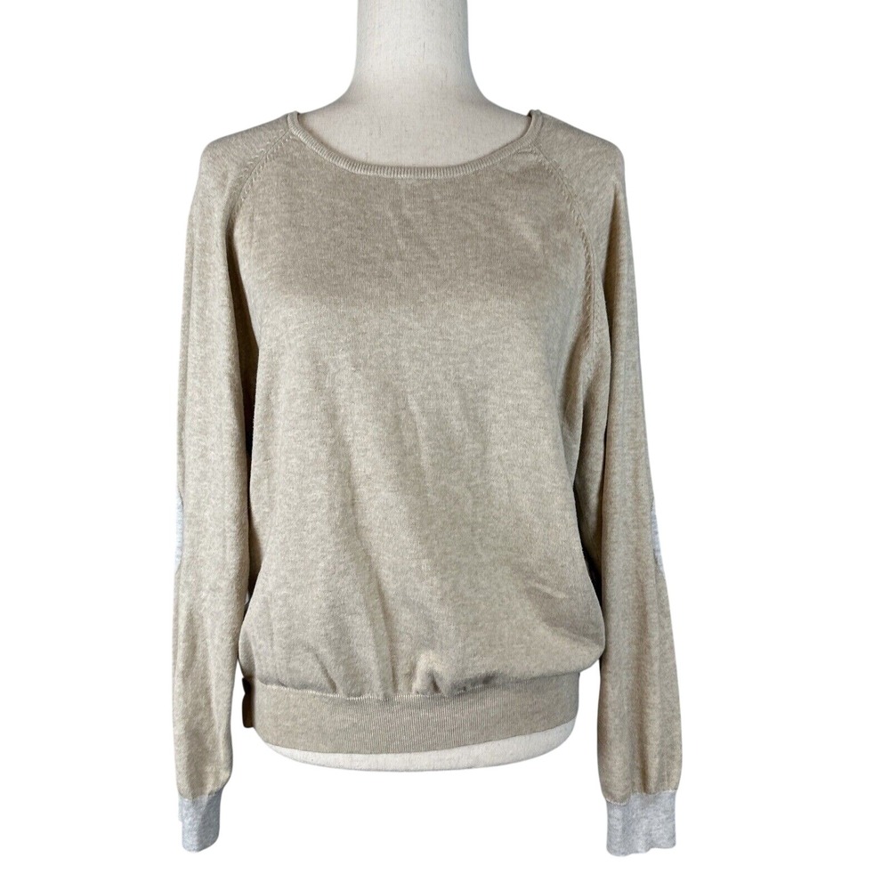 J McLaughlin Womens Contrast Sweater Size XL Beige Gray Cotton Modal Elbow Patch